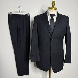 Pronto Uomo Suit 40R‎ 28W Mens Black Stripe 100% Wool